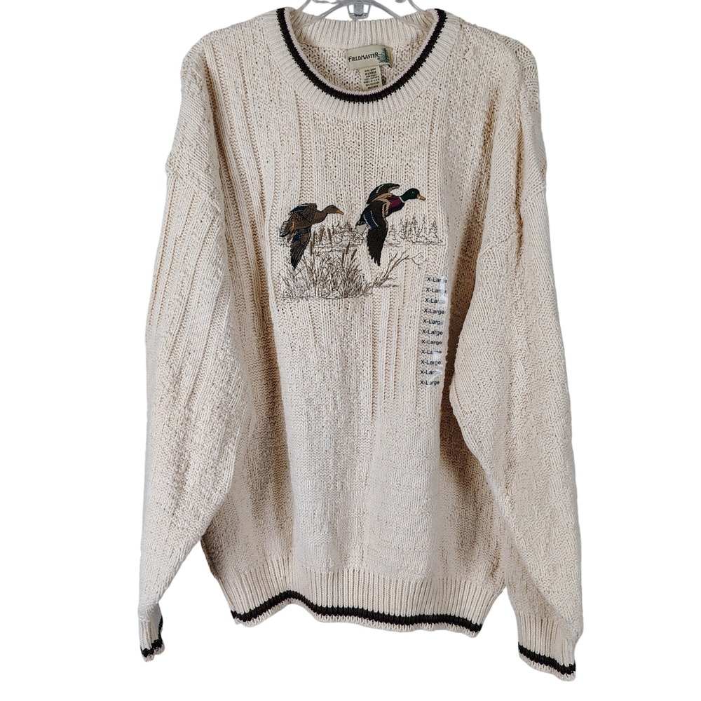 Vintage Fieldmaster Mallard Duck Embroidered Cotton Sweater XL Cream Made in USA